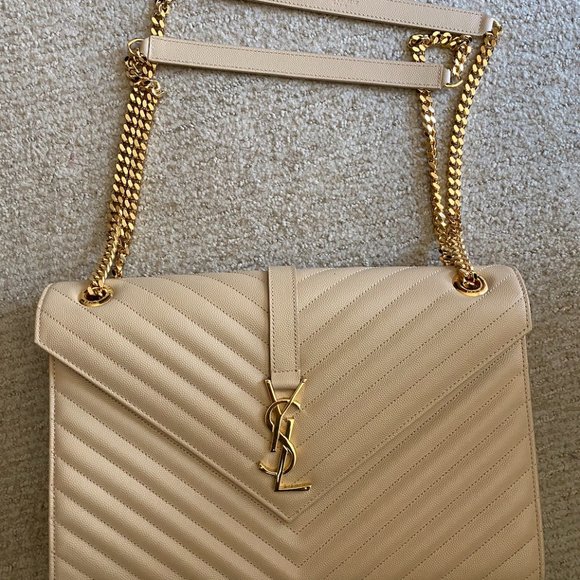 Saint Laurent YSL Beige Chevron & Gold Large Envelope Shoulder Bag, NEW Giftable - Picture 3 of 11